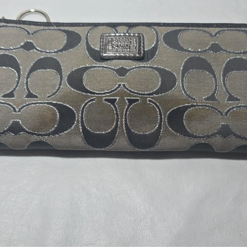 Coach Poppy Gray Black Signature Canvas Long Zip Around Accordion Wallet Y2K
